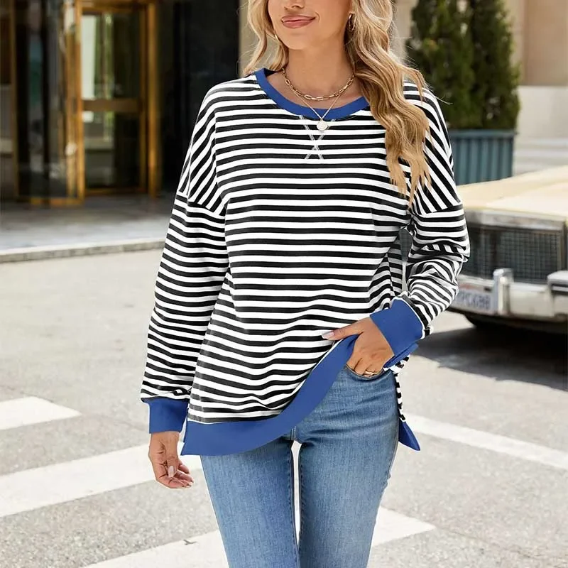 

Femme Split Striped 2024 Autumn Long Sleeve Hoodies Fashion Loose Streetwear Warm Winter Sweatshirt O-neck Casual Ropa De Mujer