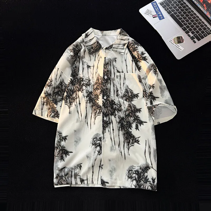 New Ink Halo Shirt Short-sleeved Men's Summer Ice Silk Shirt Oversized Loose Beach Shirt Hawaiian Holiday Tops