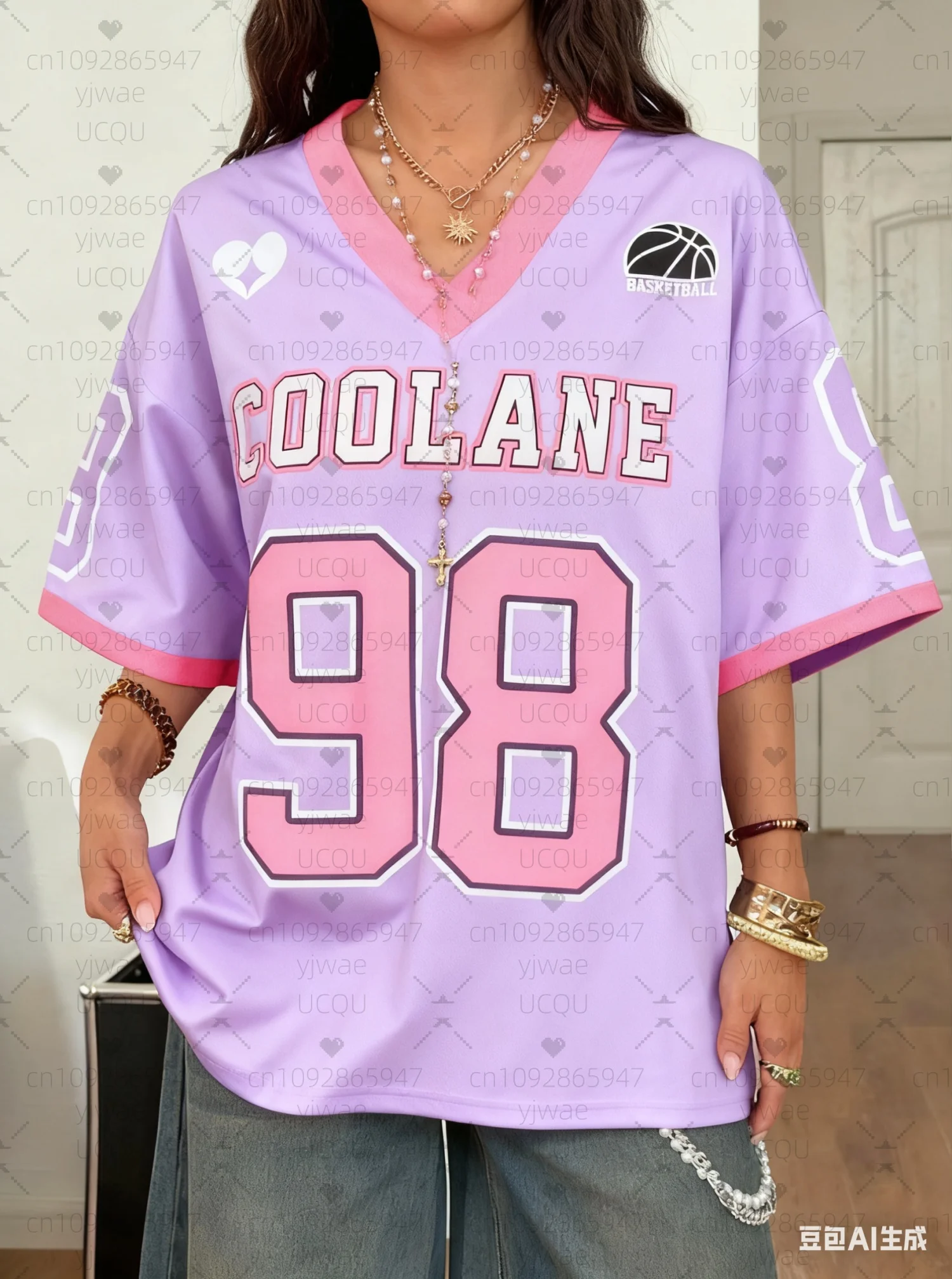 2025 Hot Selling Couple Outfits Number 98 Fashion Print Lightweight Breathable V-Neck Short Sleeved T-Shirt Women T-Shirt Jersey