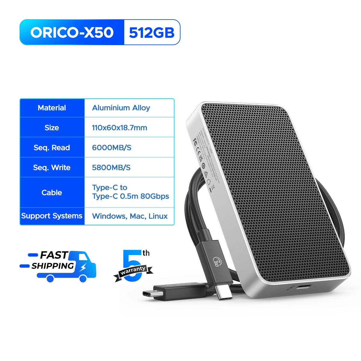 Orico ThunderBolt 5 80Gps SSD 外付けケース ORICO 80Gbps Thunderbolt 5-Compatible SSD Enclosure with Fan