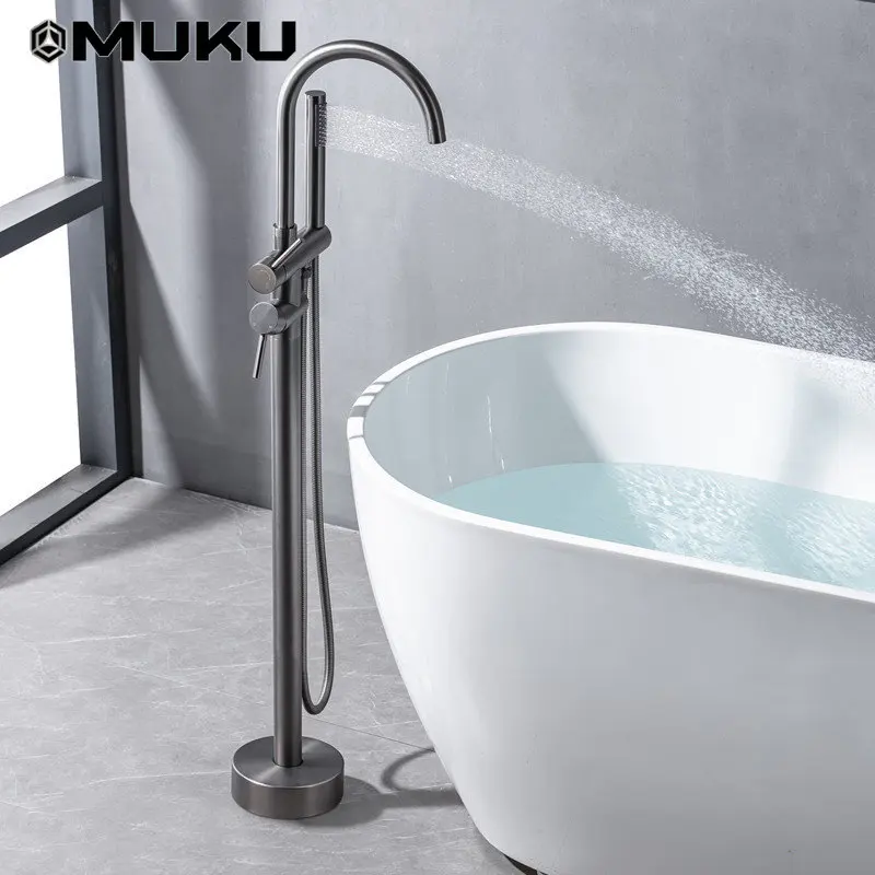 Gun Gray Floor Stand Bathtub Faucet Tap Copper Cylinder Side Shower Mixing Water Concealed Installation Double Handle Tub Mixer