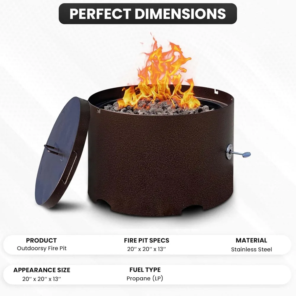 

Heavy-Duty Propane Fire Pit - 20” Solid Steel Firepit with Lid - Portable Fire Pit for Outdoor Recreation - Camping, Fishing
