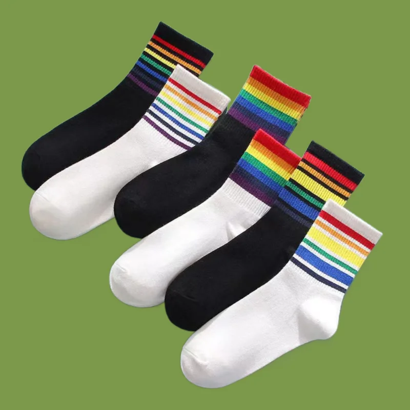 6/12 Pairs Fashion Rainbow Breathable Socks Women's Mid-Tube Socks Street Striped Sports Socks Comfortable Cotton Socks