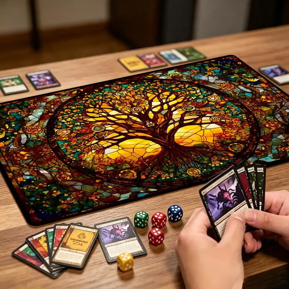 Stained Glass Tree of Life Large Game Mat Non‑Slip Rubber Playmat Vibrant Floral Art for Trading Card Tabletop Hobby Table Decor