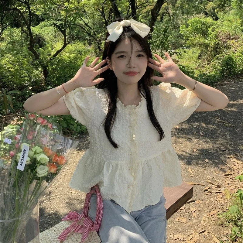 

Short Sleeve Shirts Womens Lace Pintuck Layered Cropped Top Cottagecore Sweet Feminine Kawaii Student Artistic Girlish Youthful