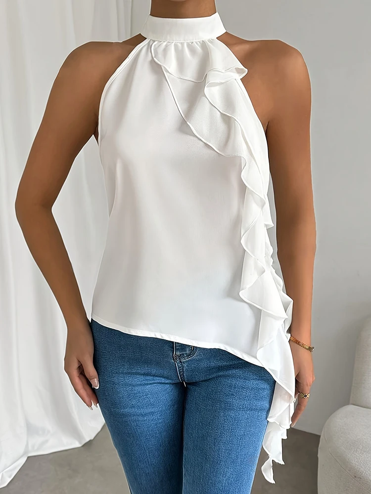 

New Stand Collar Ruffles Patchwork Blouses, Women Summer Fashion Sleeveless Simple Tops, 2025 Solid Casual Elegant Ladies Shirts