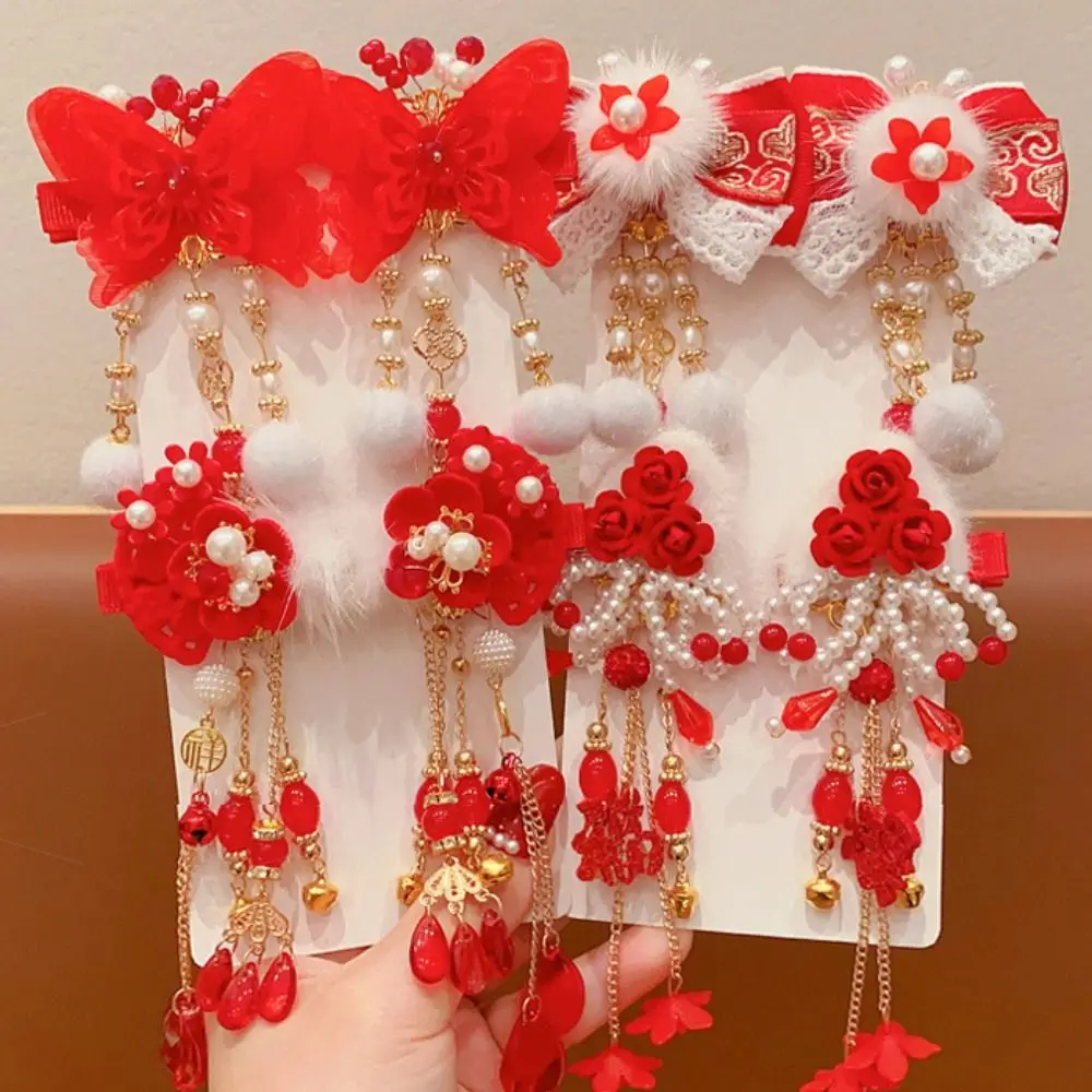 All-match Tassel Children Red Hairpin Bow Cloth Chinese New Year Headwear Flower Ancient Headwear Hanfu Hairpin Children