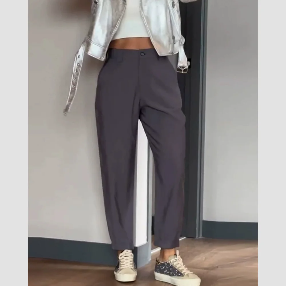 Women Solid High Rise Cropped Suit Pants Soft Spring Summer Pants Loose Fit Straight Leg Casual Trousers