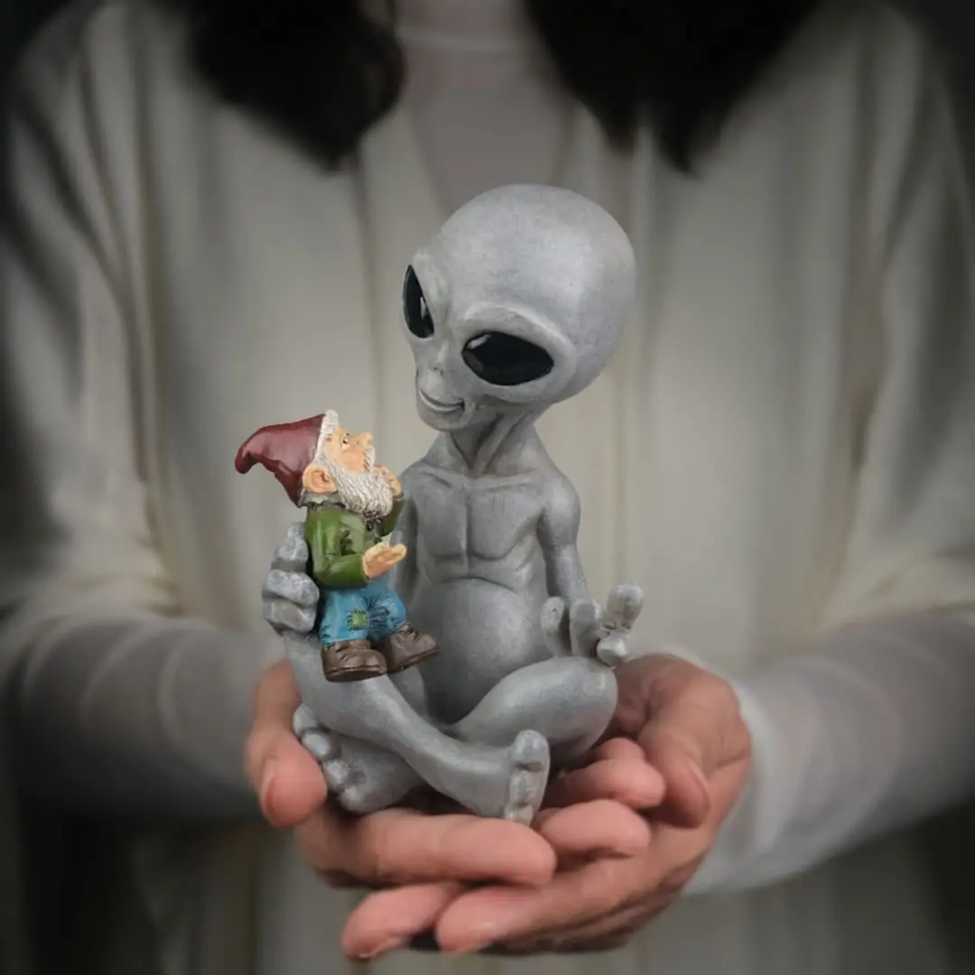 Alien Holding Gnome Statue - Fantasy Garden Ornament, Resin Outdoor Sculpture for Yard & Patio, Unique Whimsical Decoration Gift