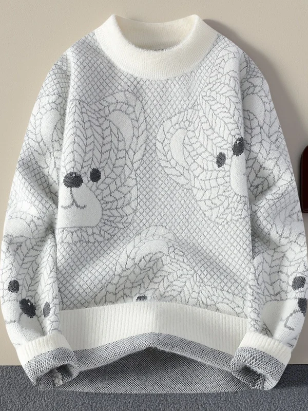 

Warm Bear Pattern Knitted Sweater round Ne Pullover for Young Men Casual College Sle Base Layer Top Polyester Fiber