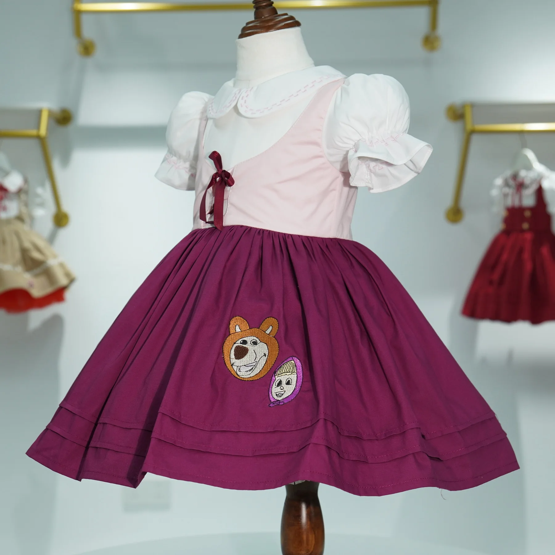 0-12Y Baby Girl Summer Pink Bear Little Red Riding Embroidery Vintage Princess Ball Gown Dress for Eid Birthday Causal B231