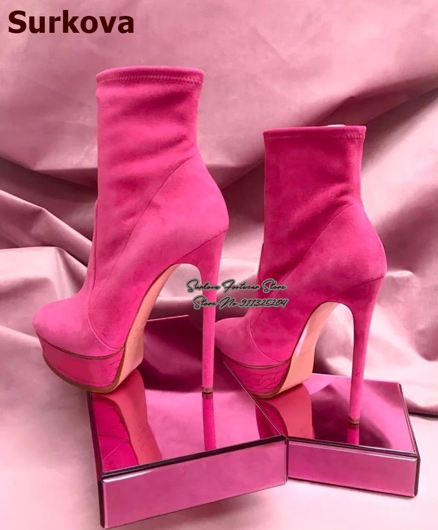 Surkova Bright Pink Suede Platform Ankle Boots Women Thin Stiletto Heel Round Toe Nightclub Party Shoes Elegant Heel Booties