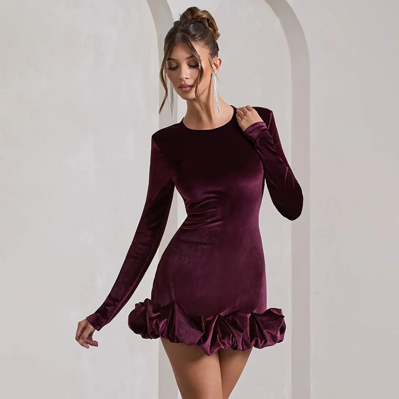 Spring 2025 Design Dress Women Velvet Three-dimensional Fold Bodycon Mini Dress Long Sleeve Evening Party Lady Sexy Dresses D937