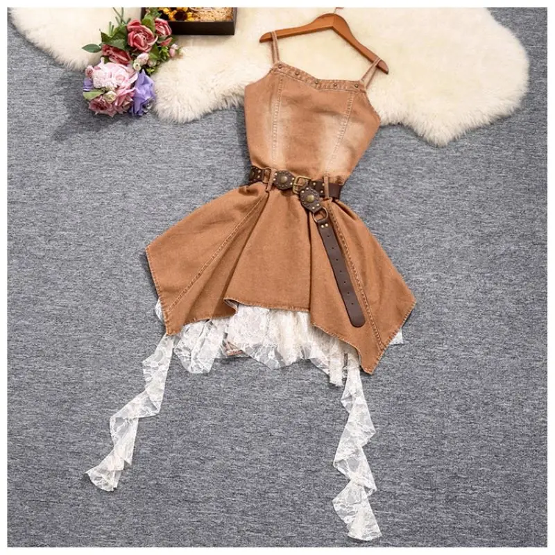 

Woman Distressed Denim Dress Irregular Draped Lace Edge Waist Cinching Rivet Sling Dress Leisure A-Line Skirt