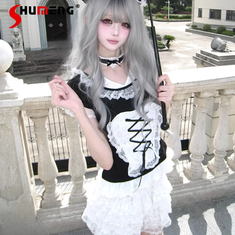 

Japanese Style Original Teeth Series Lace-Up Cute Hot Girl Subculture Y2k Top Tees Lace Summer New Short Sleeved Tshirt Pullover