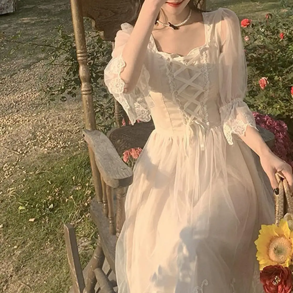 

2023 Summer Vintage French Style White Lace Lolita Fairy Elegant Dresses for Women Casual Square Collar Slim Midi Dress Vestidos