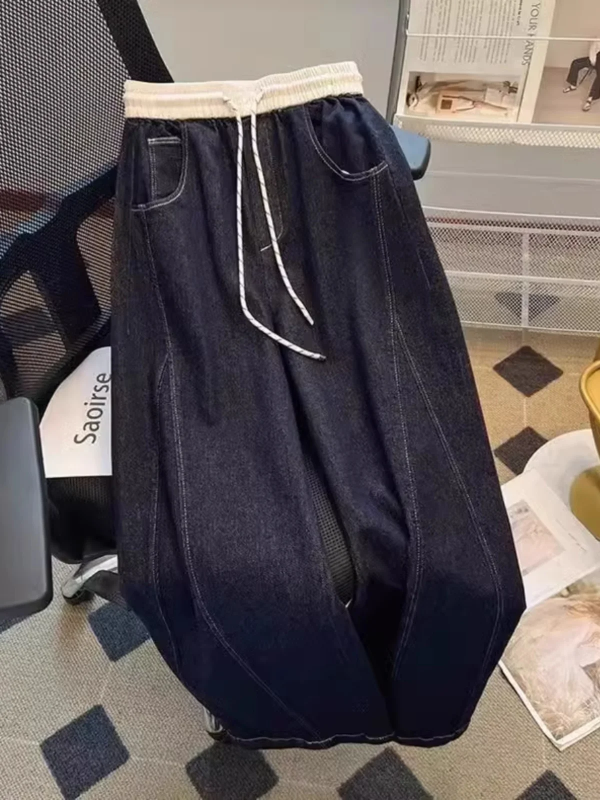 

plus Size 300 Pounds American Style Casual Color Block Jeans Men's Loose Wide Leg Pants Elastic Waist Spring Autumn Wear