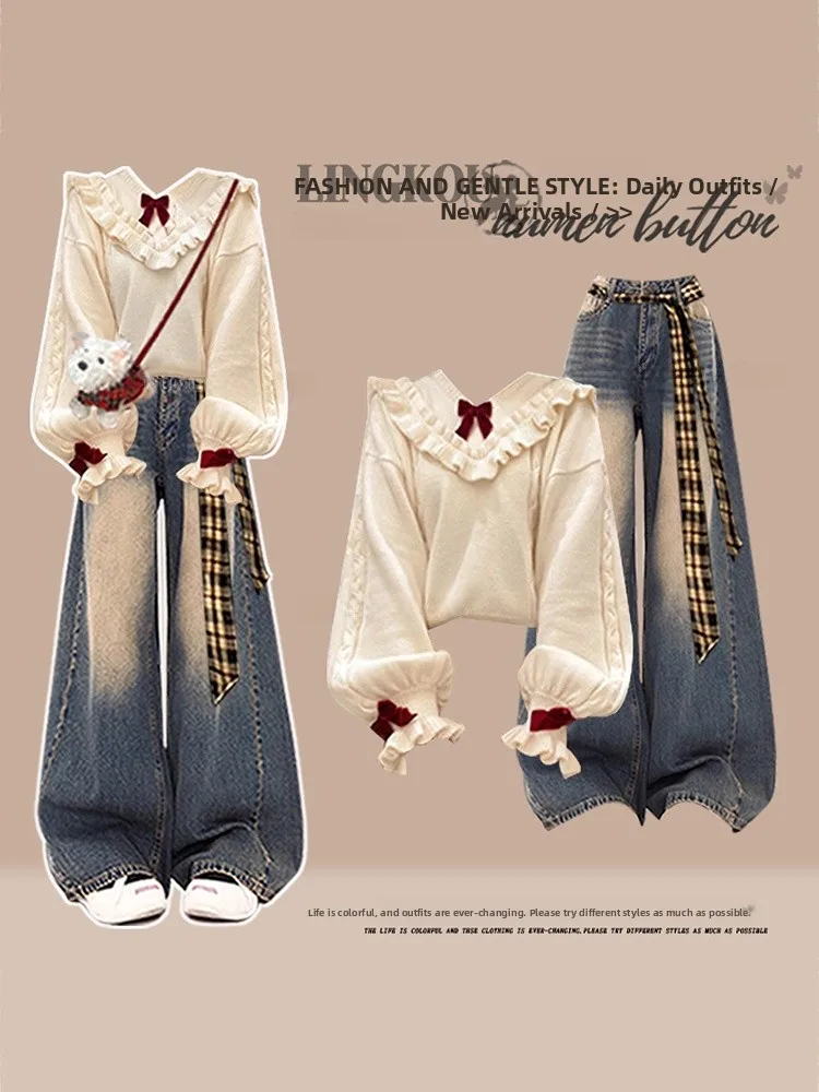 

Slimming Large Size Autumn Winter Set Women's Casual Loose Jeans Knitted Top Two Piece Suite Anti-Aging Sweet Sle High Waist