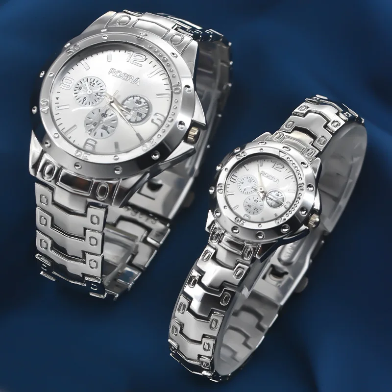 패션 남성 비즈니스 쿼츠 손목시계 스틸 스트랩 남녀 공용 명품 캐주얼 커플 시계 세 눈 다이얼 손목시계