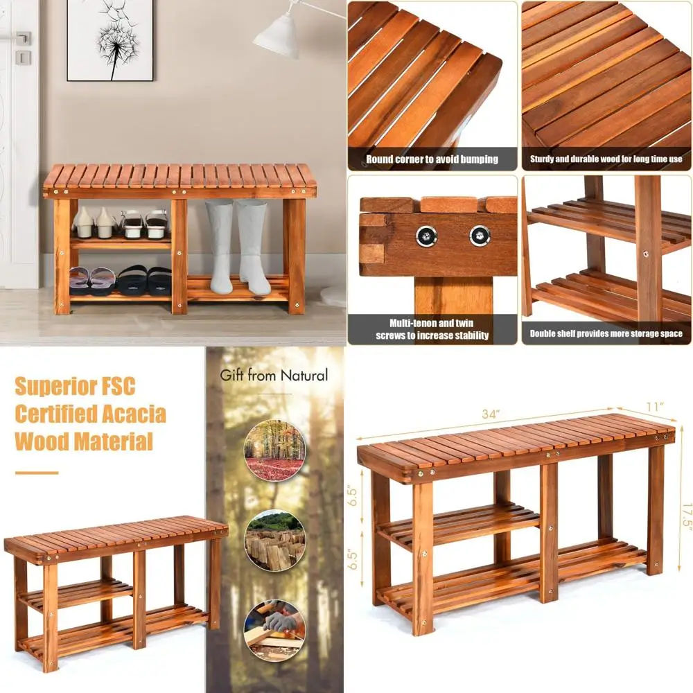 

2-уровневая деревянная полка для обуви с сиденьем для прихожей, прихожей и хранения в гостиной.