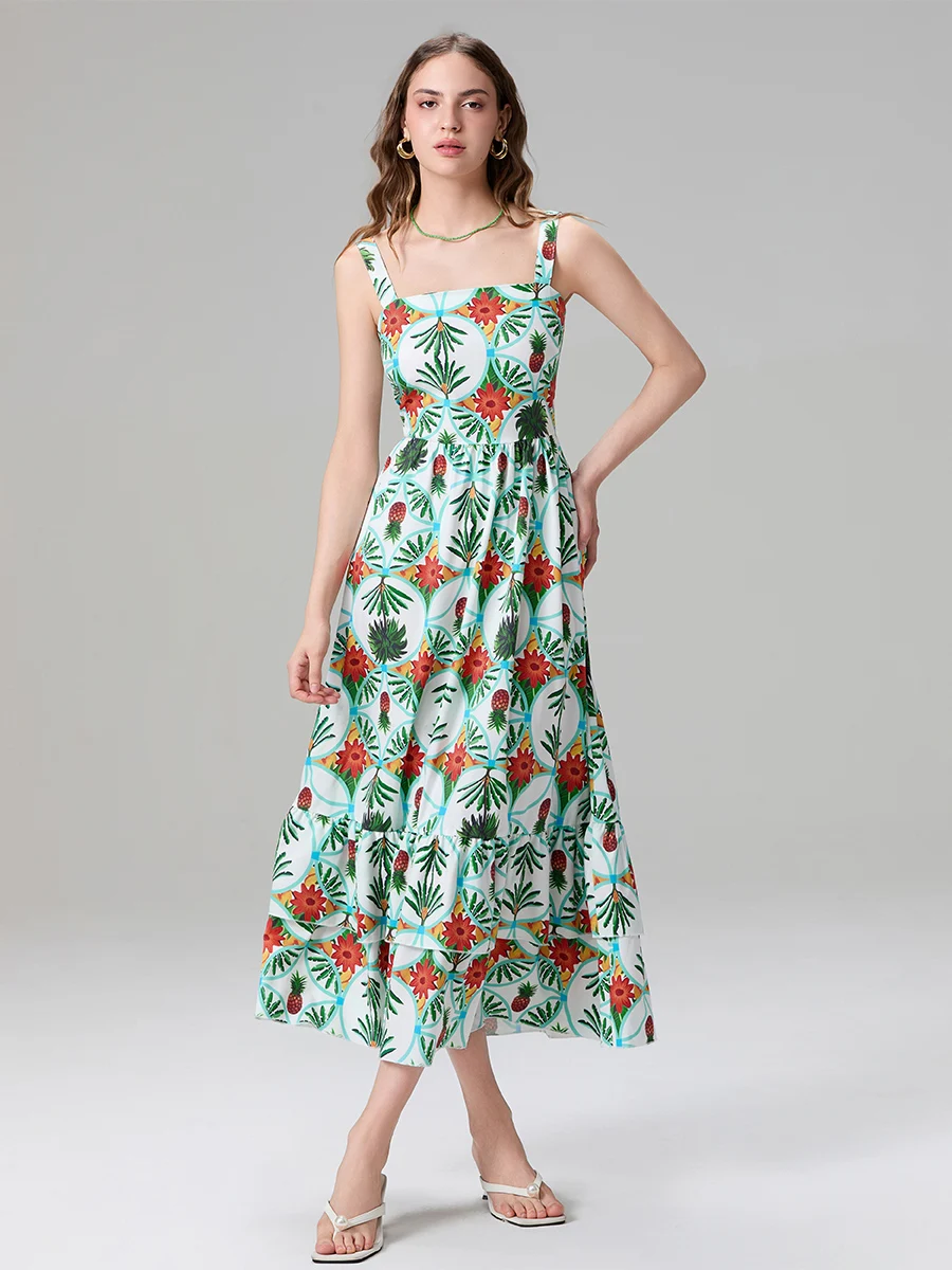 Damska sukienka bez rękawów z kwadratowym dekoltem Letnia sukienka bez rękawów z kwiatowym nadrukiem w kształcie litery A Długa zwiewna sukienka