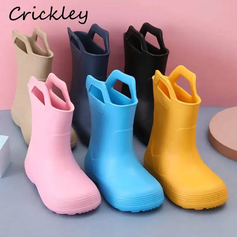 Solid Kids Rain Boots Casual Soft Bottom Slip On Children Ankle Water Shoes EVA Waterproof Non Slip Boys Girls Rainboots