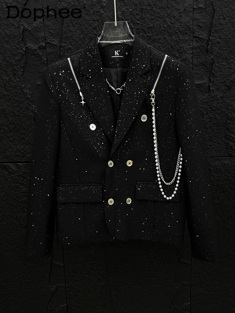 

Spring and Autumn New Black Babysbreath Shiny Small Suit Jackets Men's High-end Handsome Trendy Male Shoulder Padded Blazers
