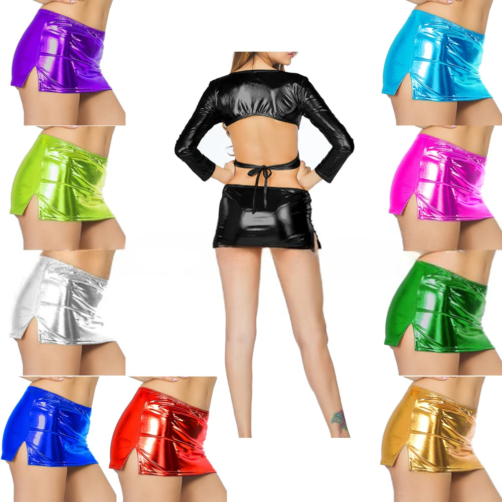 Club Dance Women Shiny Skirt Wetlook Skirt Polyester Fabric Brand New Comfortable Fit Free Size Shiny Appearance