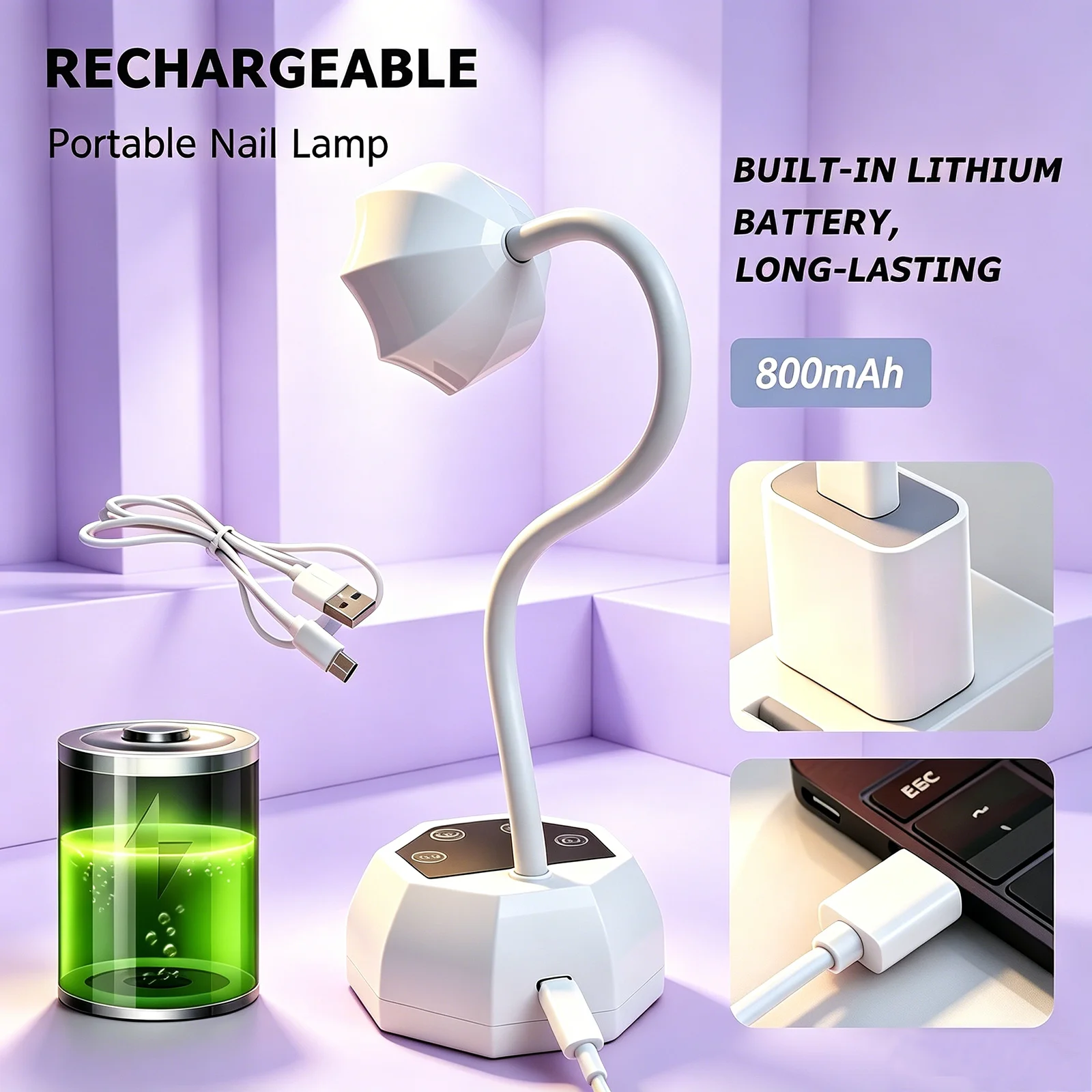 UV LED Nail Lamp Gooseneck UV Light for Gel Nails USB Cordless Cure Lamp Nail Dryer Fast Curing for Salon Home DIY