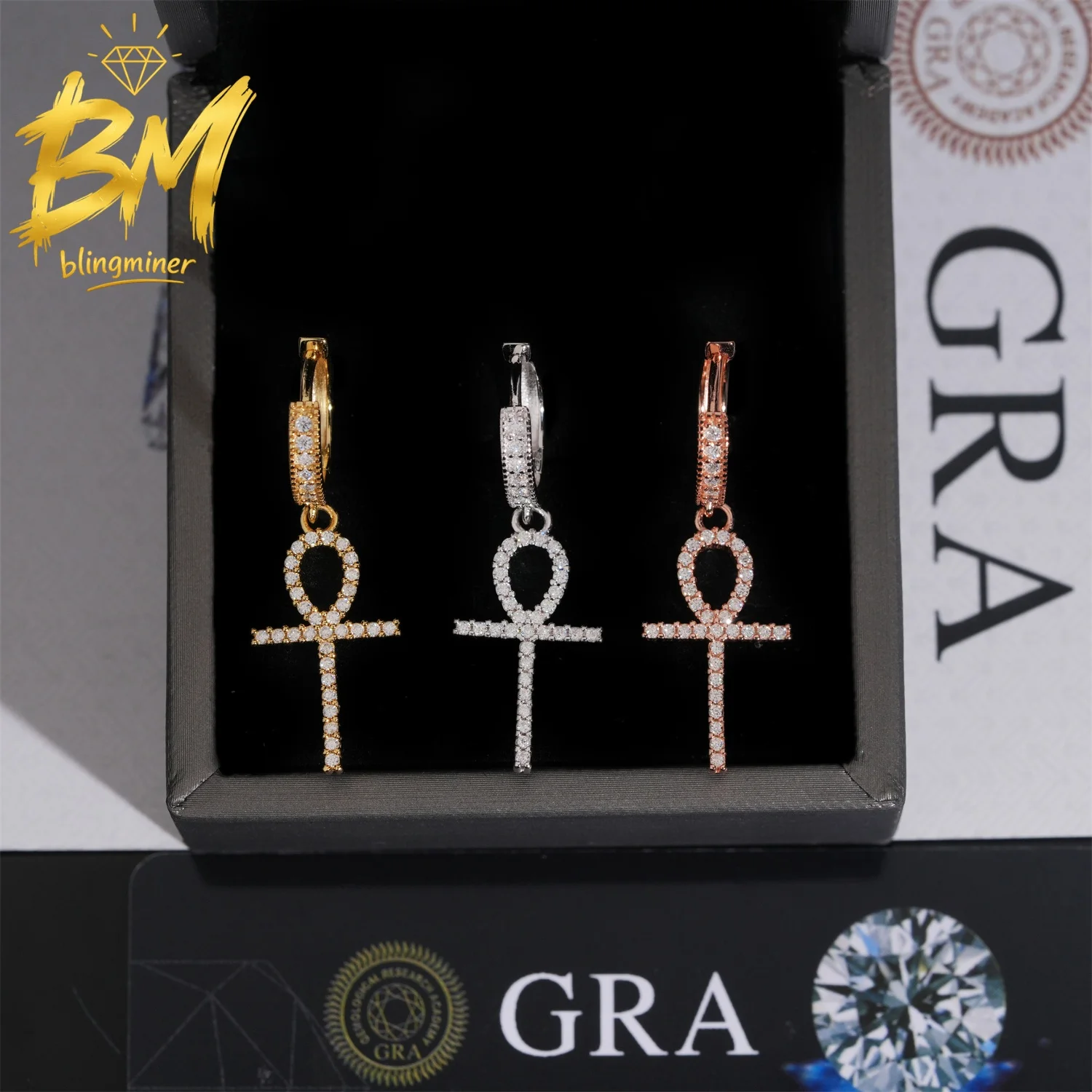 Blingminer Hip Hop Cross VVS Moissanite Earrings S925 Silver Ear Studs For Men Women Jewelry Pass Diamonds Tester GRA