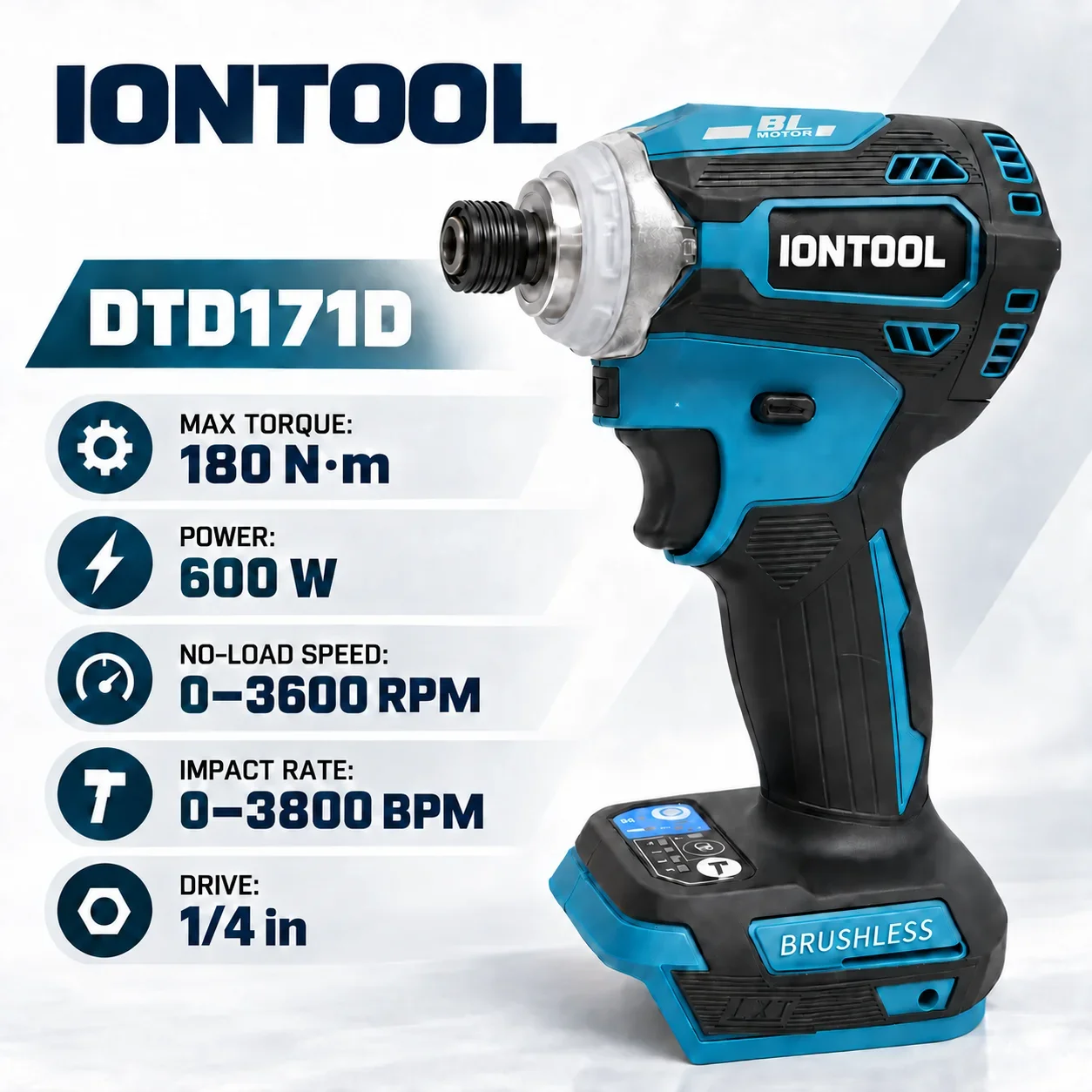 IONTOOL 180N·m Brushless Cordless Impact Driver 1/4 Inch Hex 3600RPM for Wood Screw Fastening and Bolt Tightening Tool Only