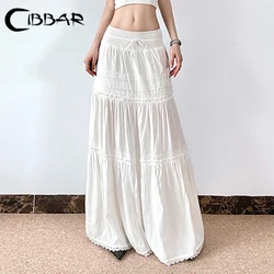 CIBBAR Elegant Lace Stitching Long Skirt Holiday Oversized Loose Low Rise White Floor-Length Skirts for Women y2k Fairycore Lady