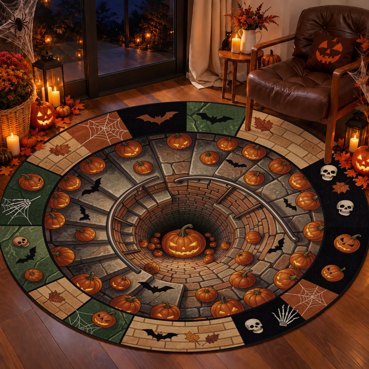 Halloween Spiral Well Pumpkin Bat Skull Cobweb Pattern Round Velvet Rug Machine Washable for Living Room Bedroom Entryway Dining Room Thanksgiving Black Friday Cyber Monday Christmas New Year