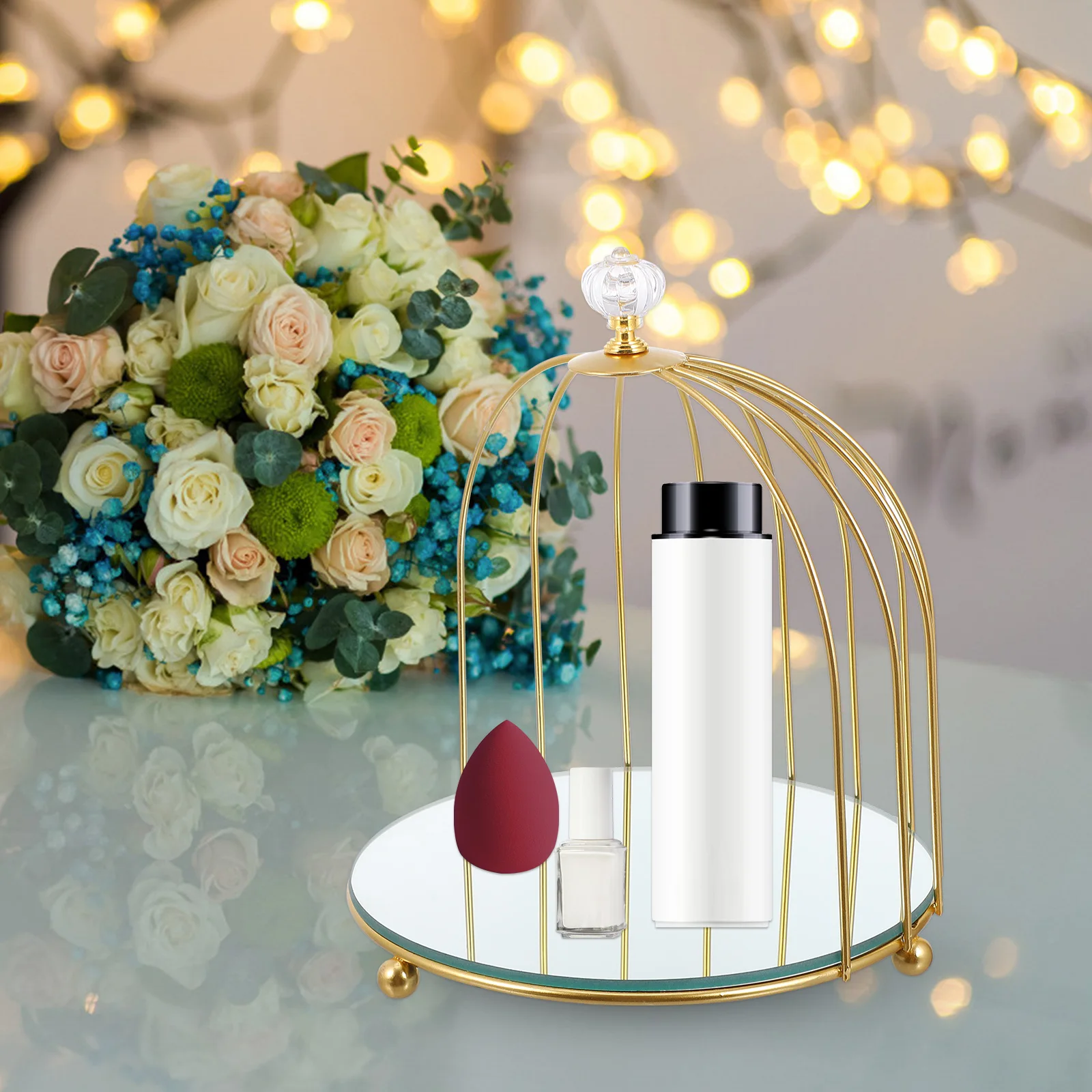 

Mirror Bird Cage Storage Rack Makeup Desk Organizer Shelf Premium Iron Material Long Serving Unique Shape Luxurious Display