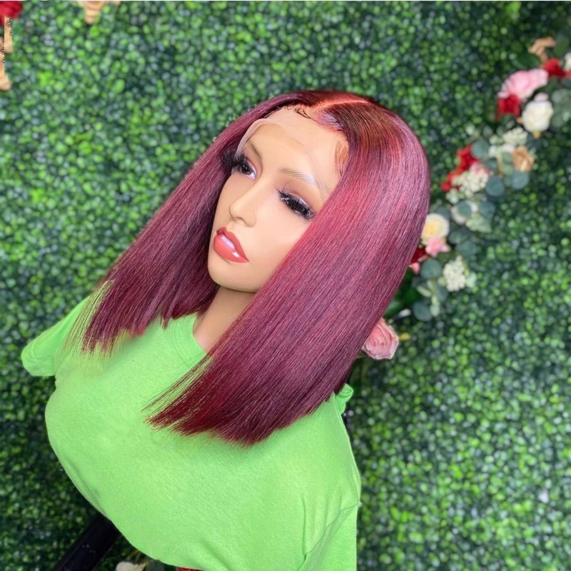 99j Мягкий бордовый бесклеевой парик 180 Плотность Короткий боб Винный прямой глубокий парик фронта шнурка для чернокожих женщин с предварительно выщипанными волосами ребенка