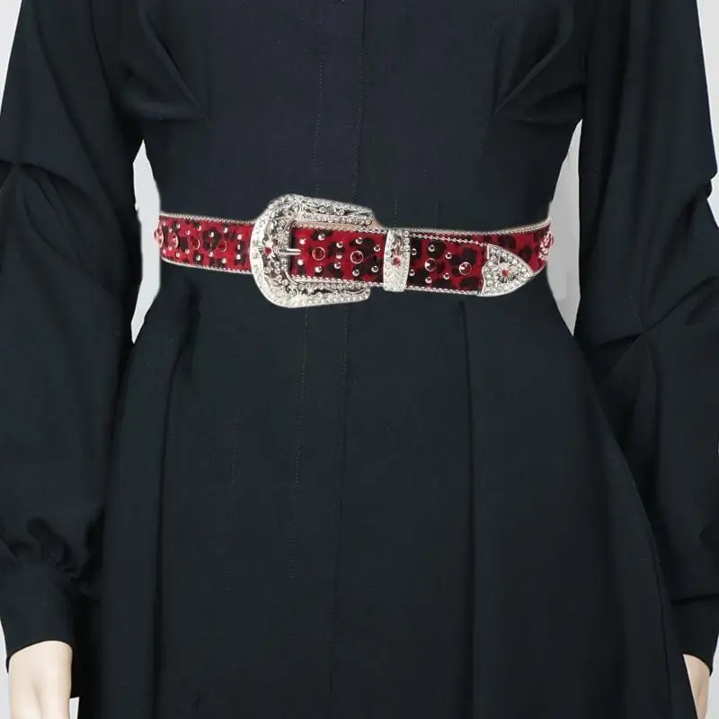 39BB Cinturón con estampado leopardo y hebilla diamantes imitación para fiesta disco para niña