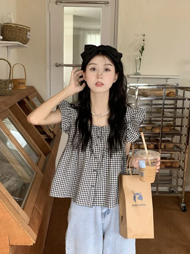 

French Sle Plaid ort Sve irt Women's Early Spring New Design Loose Small Size Quilted Decorative Stitching Anti-Wrinkle