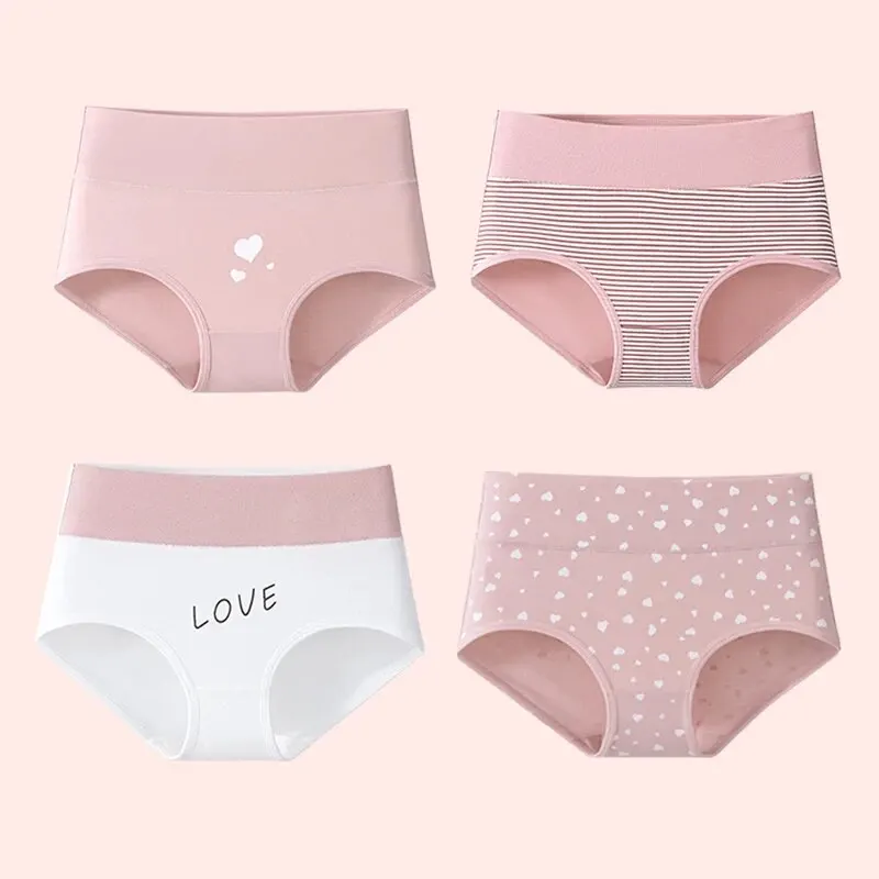 4Pcs Women\'s Panties High Waist Underwear Fashion Print Girls Briefs Breathable Cotton Panty Plus Size M-5XL Female Lingerie