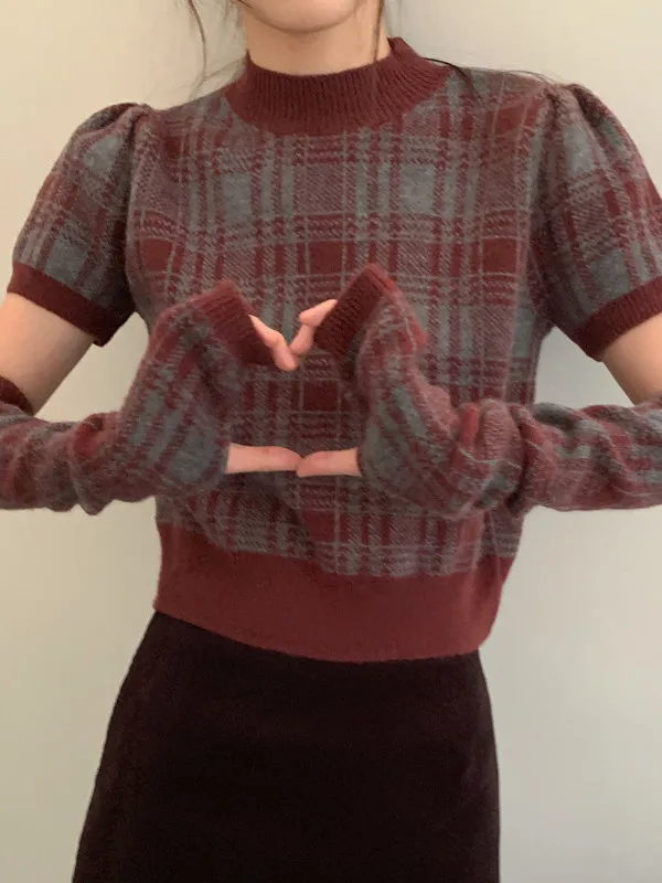 

Korean Retro Plaid round Ne ort Sve Knitted Sweater Women's Faion ort Sle Anti-Aging Top with Sve Covers Trendy