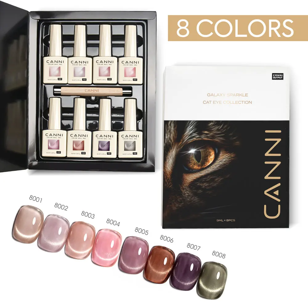 CANNI 8pcs Cat Eye Gel Polish Set HEMA/TPO FREE Glitter Magnetic Nail Gel 9ml Soak Off UV LED Shimmer Effect Manicure Kit
