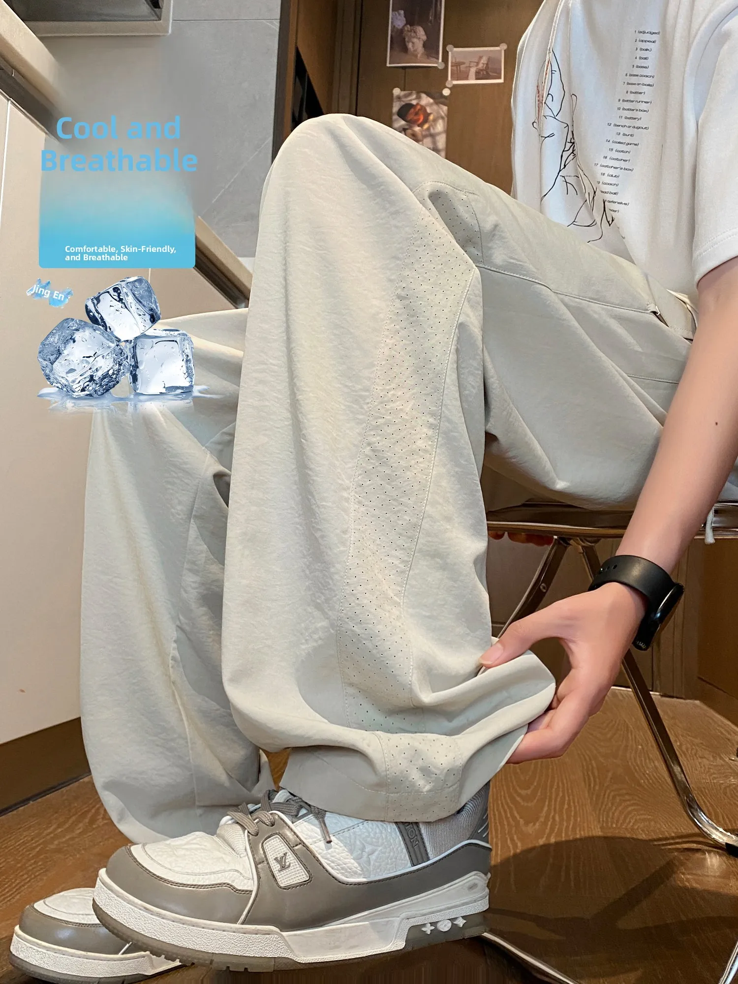 

American Sle Ice Silk Me дышащие прямые летние тонкие модные свободные повседневные брюки большого размера для мужчин