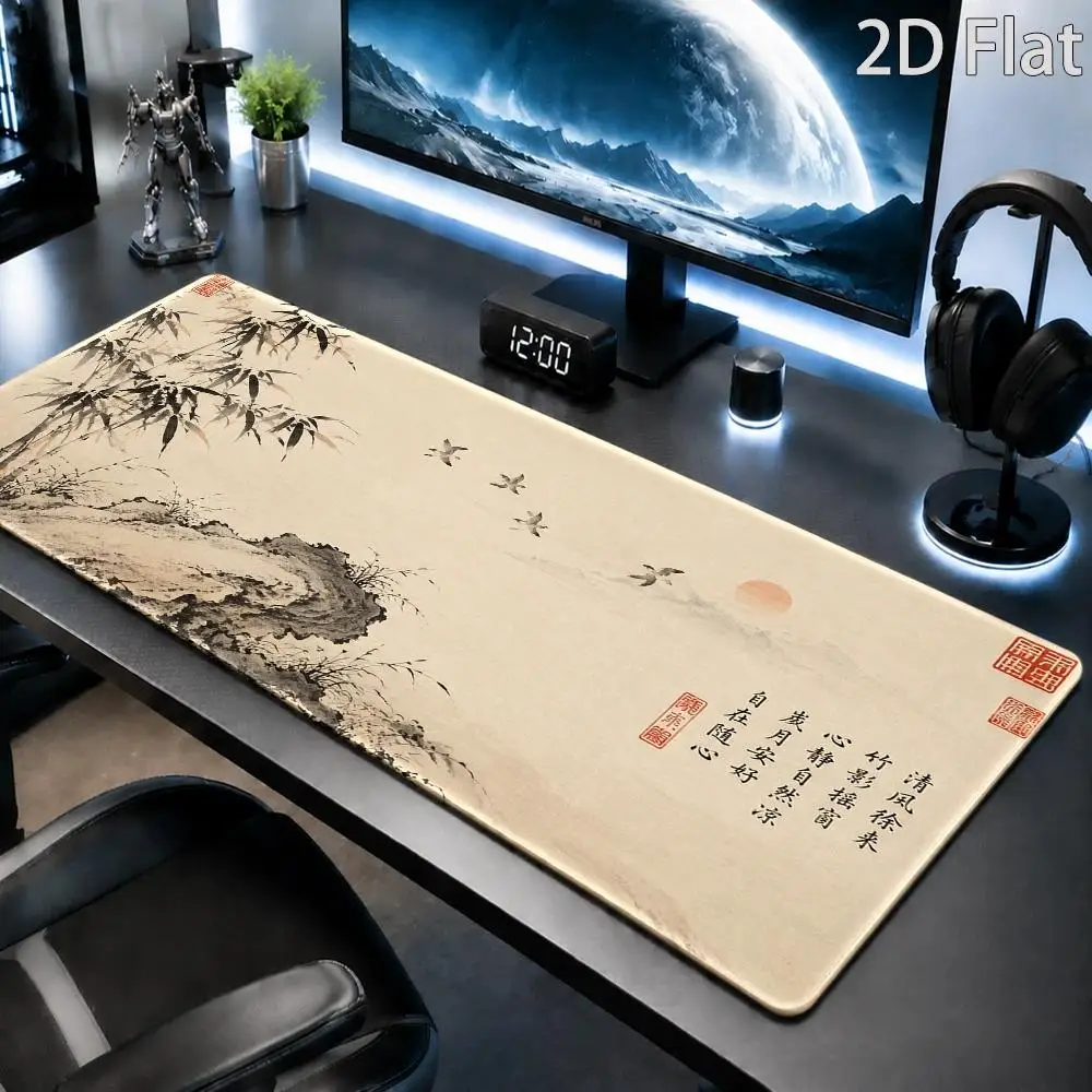 Large Chinese ink painting of bamboo scene mouse pad, with Zen garden artistic design, simple traditional styl