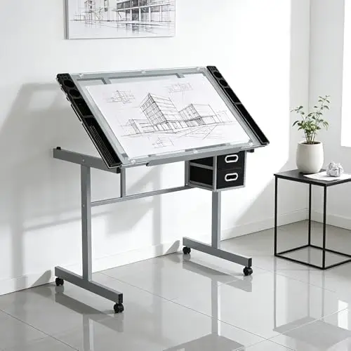 Professional Drafting Table for Adults Teens, Tilting Glass Tabletop Art Craft Desk Diamond Watercolor Paintings view 2