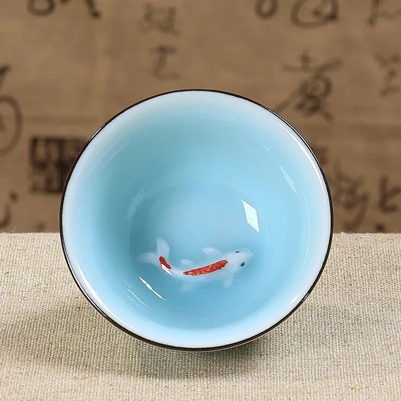 40ml Celadon Chinese Kungfu Tea Cups Green/ Blue Embossed Carp Goldfish Teacup Small Fish Creative Ceramic Tasting Cup 6.3*3cm