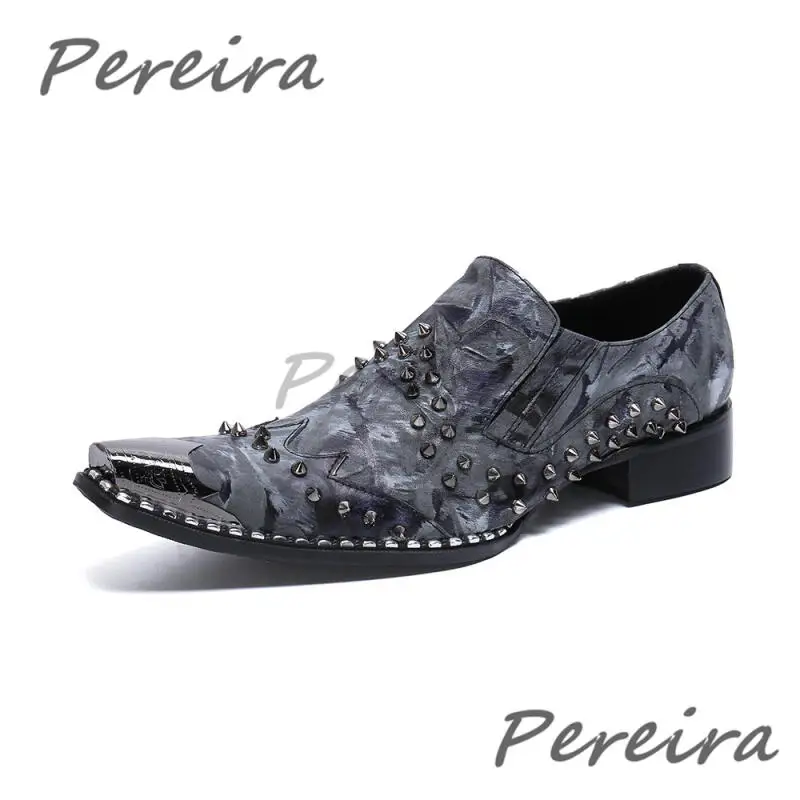 

Gray Pink Rivet Men's Formal Shoes Retro Mixed Colors Metal Pointy Toe Genuine Leather Oxfords Wedding Prom Business Dress Shoes