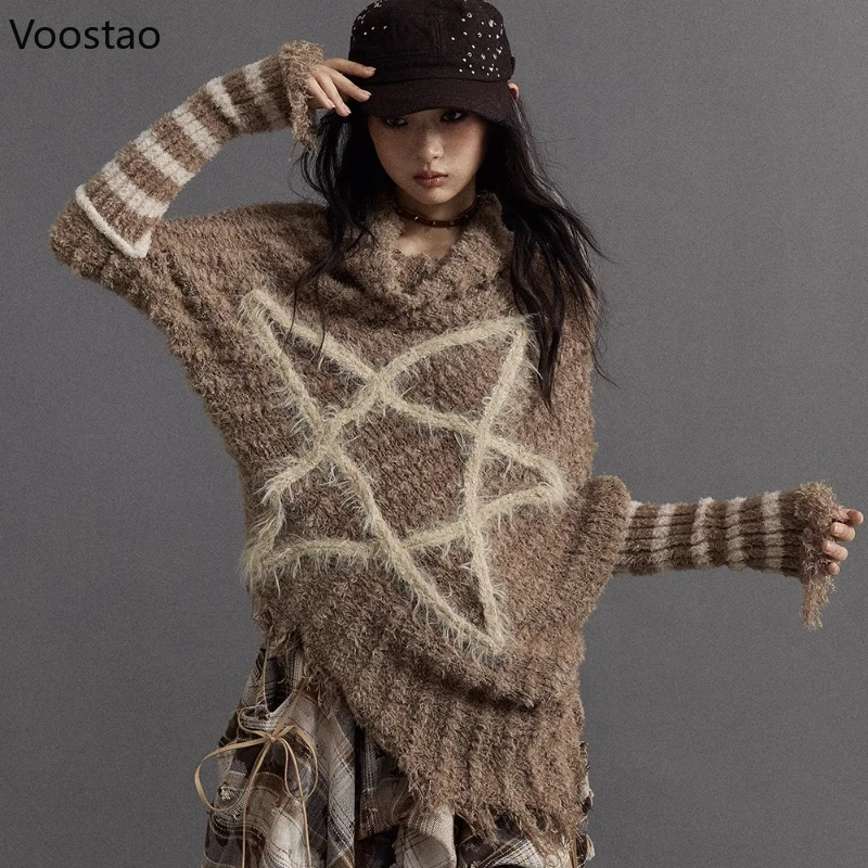 

Y2k Aesthetic Vintage Loose Knitted Pullovers Casual Women Grunge Harajuku Star Striped Tassel Sweaters Punk Fashion Knitwear