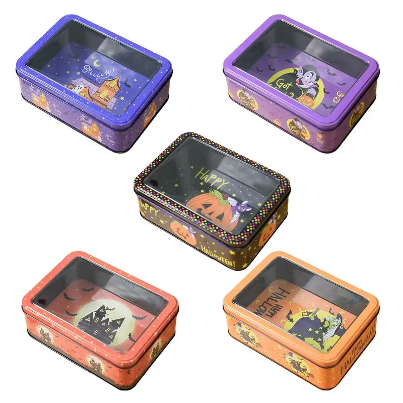 Halloween Metal Rectangular Tin Box Tea Coffee Organizer Case Cookie Gift Box Candy Box Tinplate Push Candy Pill Cases Bins Jar