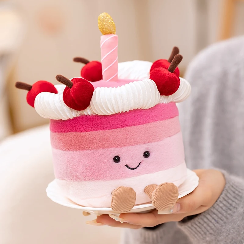 

New Cute Fluffy Fruit Cake Plush Toy Simulation Stuffed Soft Plushie Dessert Birthday Cherry Strawberry Cake Doll Kids Girl Gift