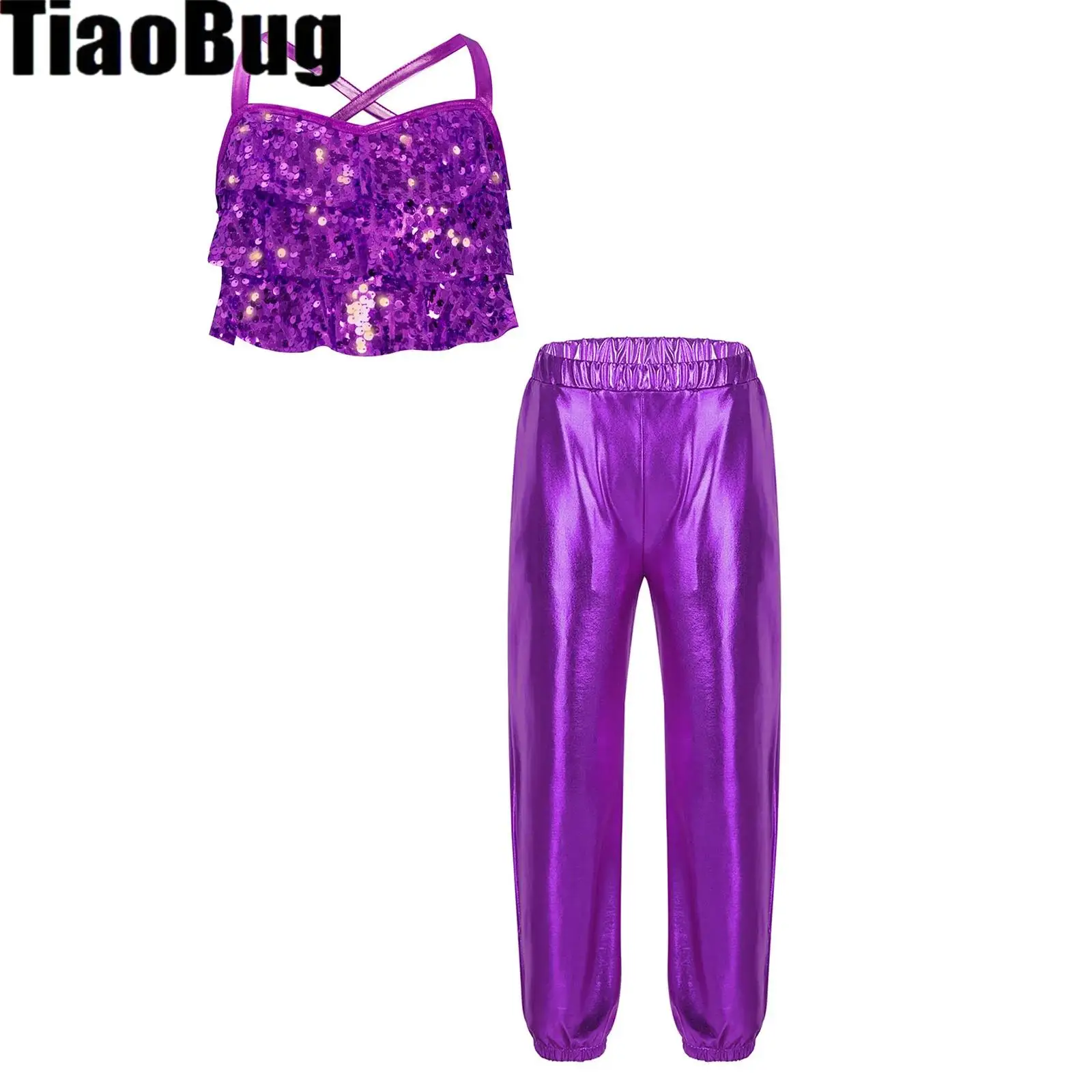 

Girls Jazz Dance Costume Glitter Sequin Ruffles Cross Back Metallic Crop Top with Metallic Pants Cheerleading Performance Outfit