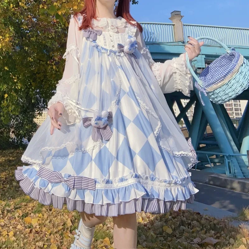 

Новинка 2025 года, сине-белое решетчатое милое платье с кроличьими ушками и воротником в стиле Лолиты, кружевное комбинезон с пышными рукавами, Vestidos, платья для косплея